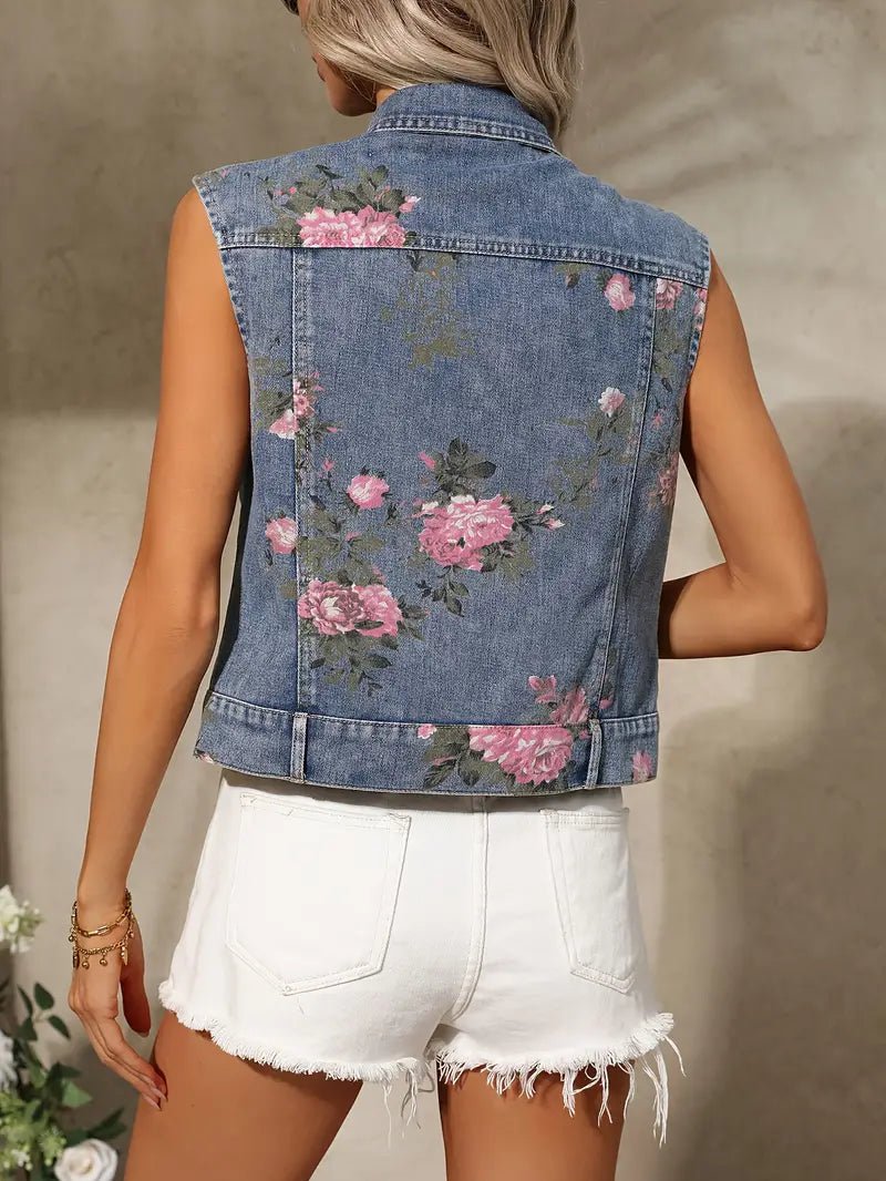 Ärmellose Damen - Jeansweste mit Blumenmuster im Vintage - Sommerstil - Livezo