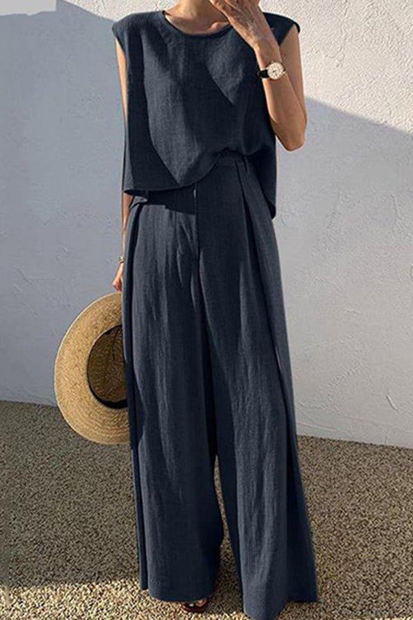 Ärmelloses Oberteil aus Leinenmischung und weite Hose Set - Livezo