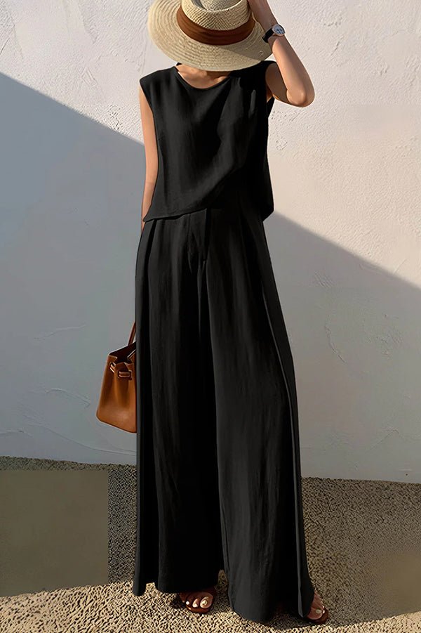 Ärmelloses Oberteil aus Leinenmischung und weite Hose Set - Livezo