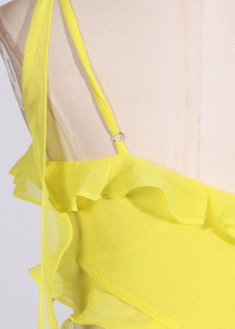 Ärmelloses Slim - Fit Kleid in Gelb mit asymmetrischen Volants - Livezo