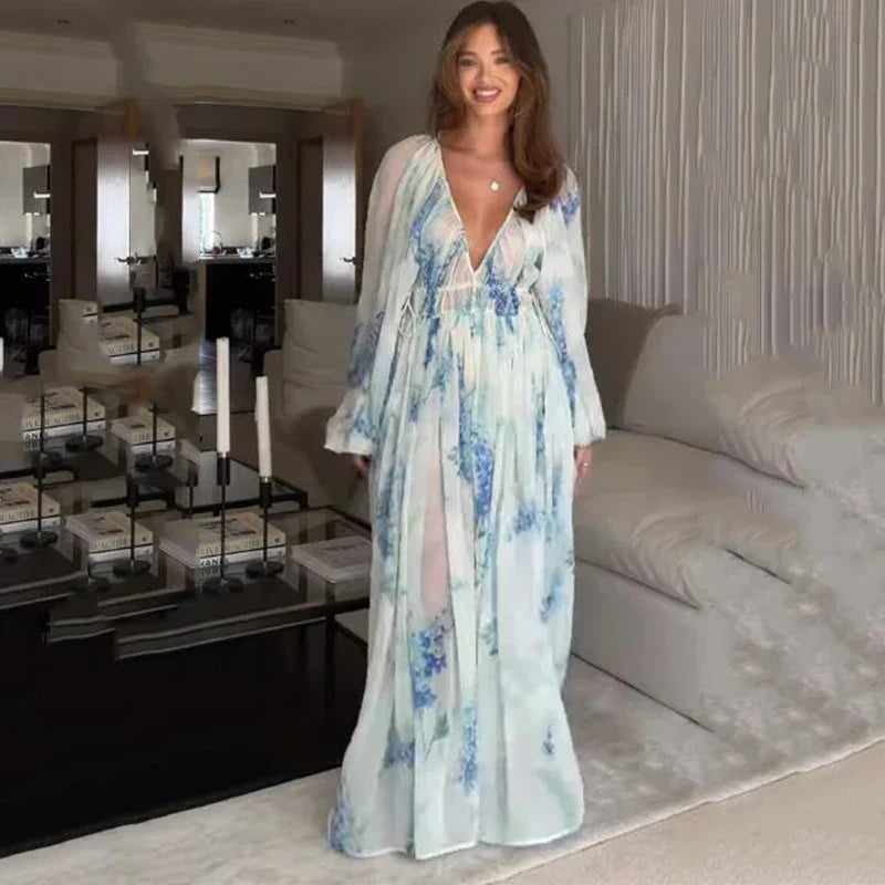 Maxikleid mit Blumenmuster und Tunnelzug am Taillenbund