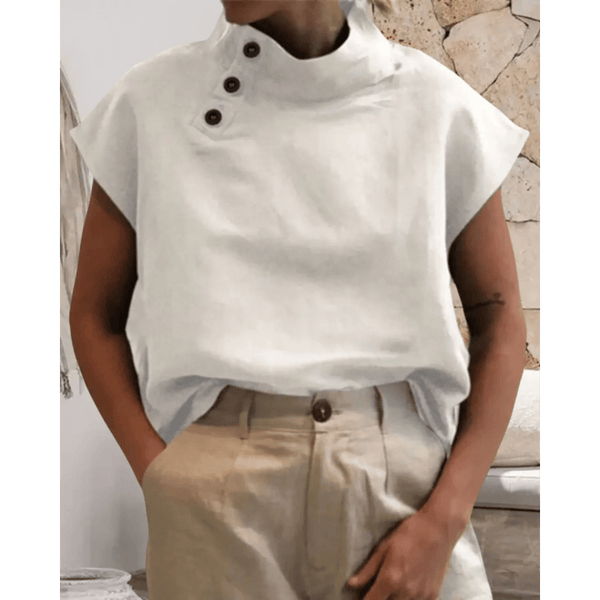 Baumwoll - Leinen - Bürobluse mit Knopfdetails - Livezo