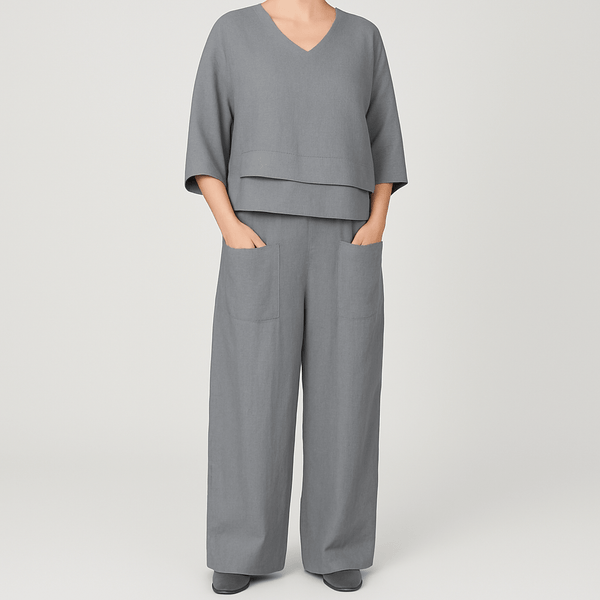 Baumwoll - Leinen Kurzarm Zweiteiler für Damen - Livezo