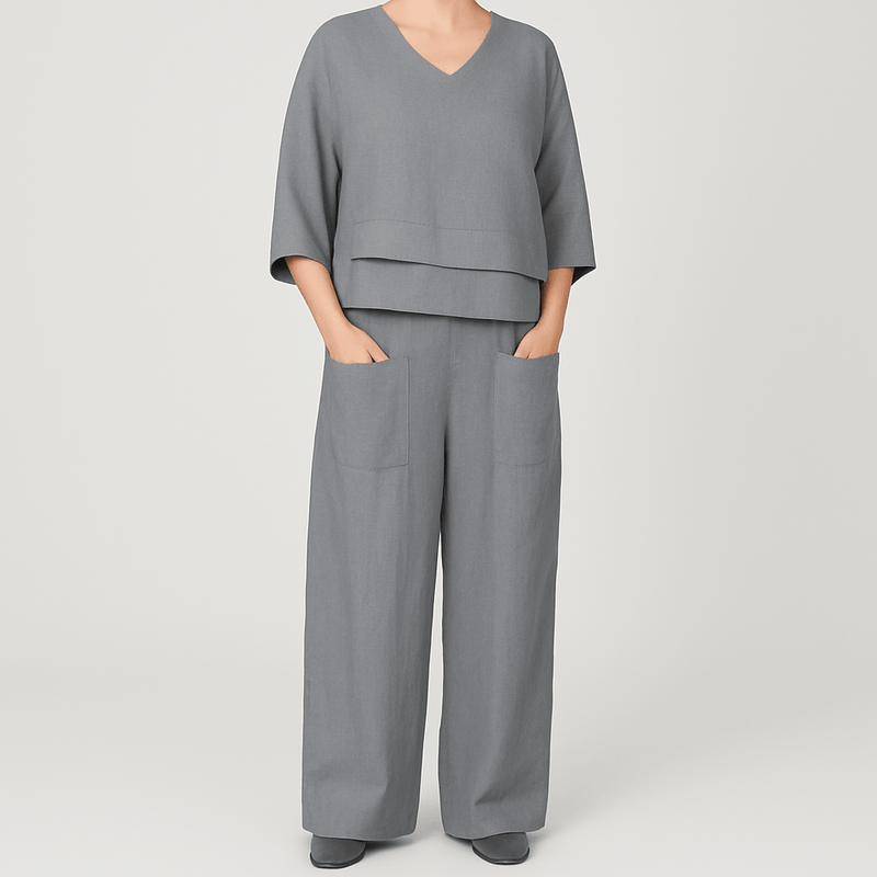 Baumwoll - Leinen Kurzarm Zweiteiler für Damen - Livezo