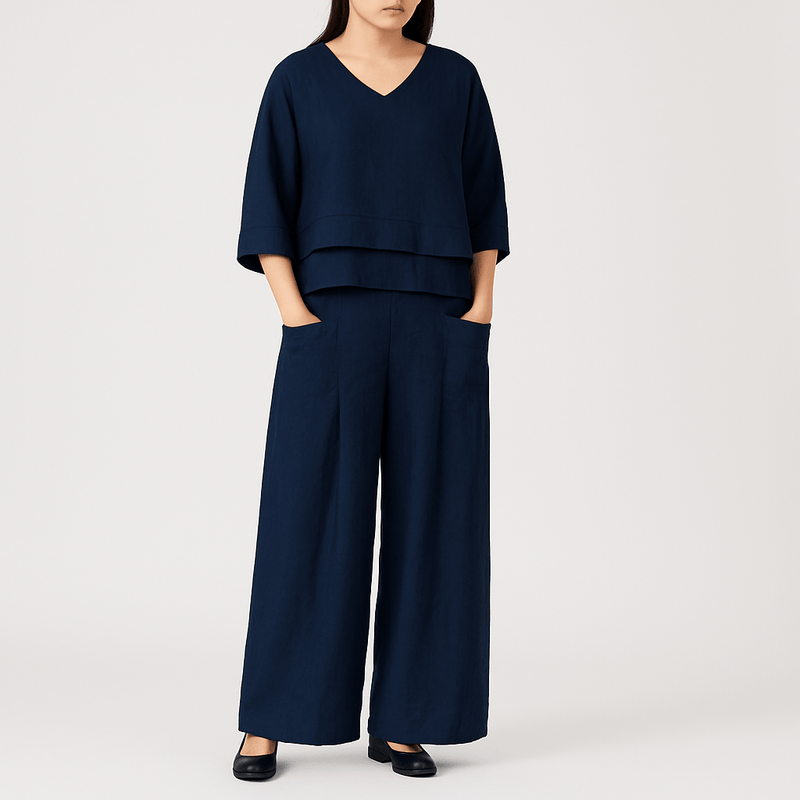 Baumwoll - Leinen Kurzarm Zweiteiler für Damen - Livezo