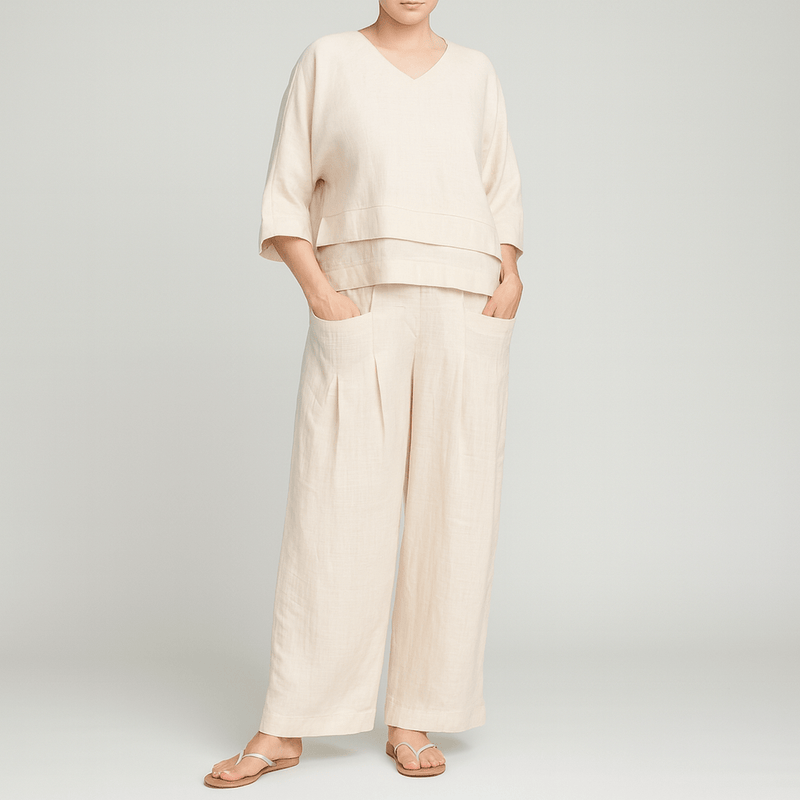 Baumwoll - Leinen Kurzarm Zweiteiler für Damen - Livezo