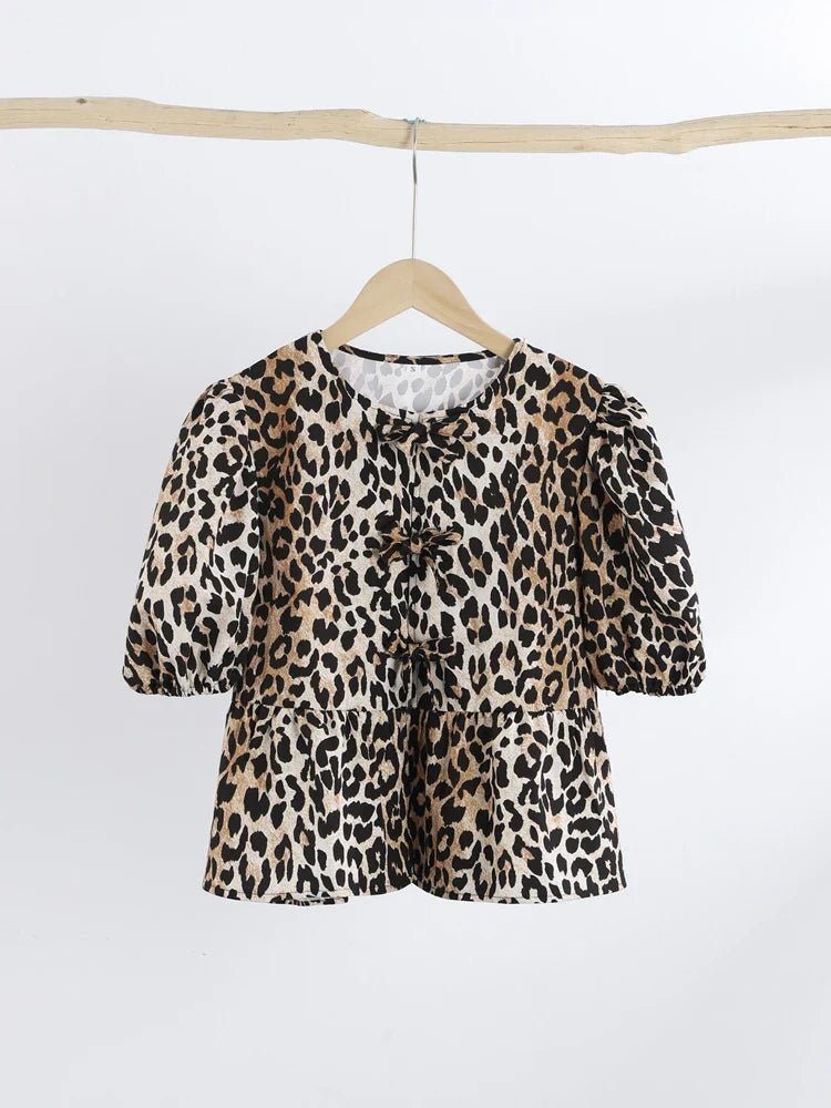Bluse mit Leopardenmuster, Puffärmel und Schleifenakzent - Livezo