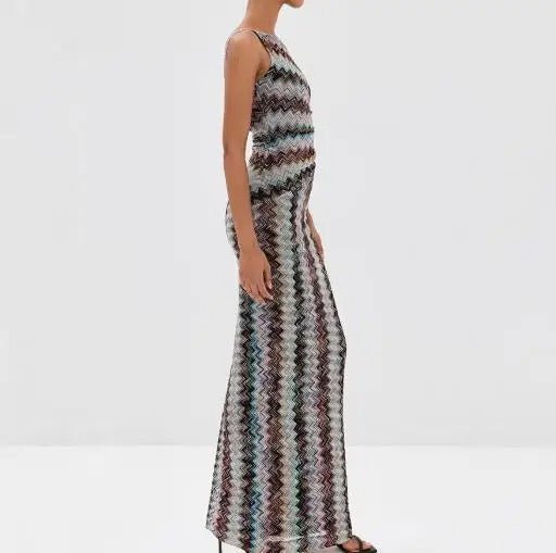 Buntes Maxikleid mit Zickzackmuster, Ein - Schulter - Design und Schlitz - Livezo