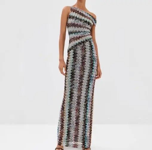 Buntes Maxikleid mit Zickzackmuster, Ein - Schulter - Design und Schlitz - Livezo
