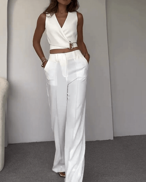 Christina - Schlichte Schnalle Weste & Hose Anzug Set - Livezo