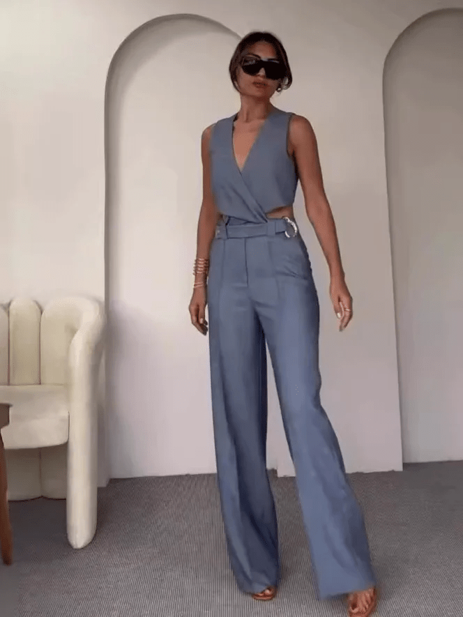 Christina - Schlichte Schnalle Weste & Hose Anzug Set - Livezo