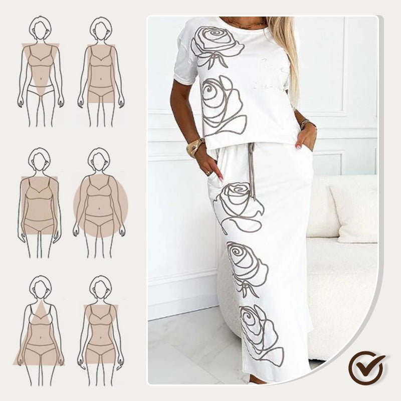 Damen 2 - Teiliges Outfit Basic T-Shirt & Midi - Rock - Livezo