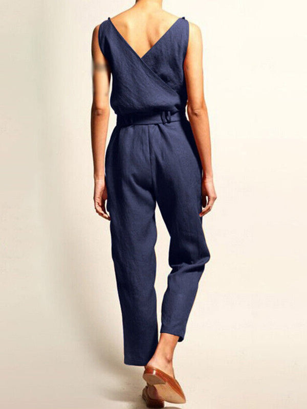 Damen Jumpsuit mit V - Ausschnitt und Gürtel in Freizeitstil - Livezo