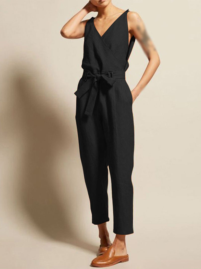 Damen Jumpsuit mit V - Ausschnitt und Gürtel in Freizeitstil - Livezo