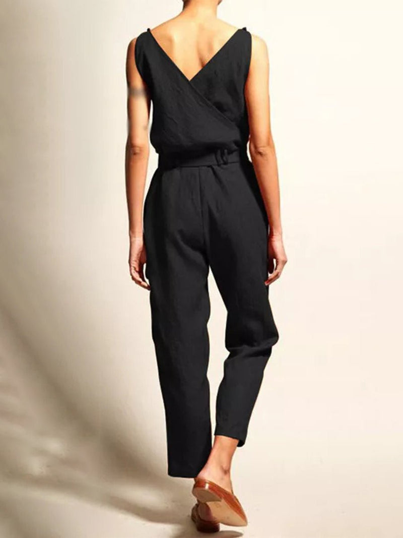 Damen Jumpsuit mit V - Ausschnitt und Gürtel in Freizeitstil - Livezo