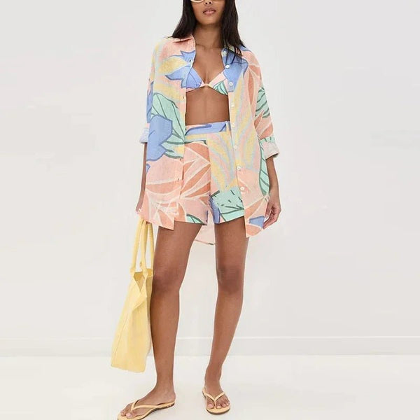 Damen Leinenmischung Bedruckte Bluse und Locker sitzende Shorts mit elastischem Bund Set - Livezo