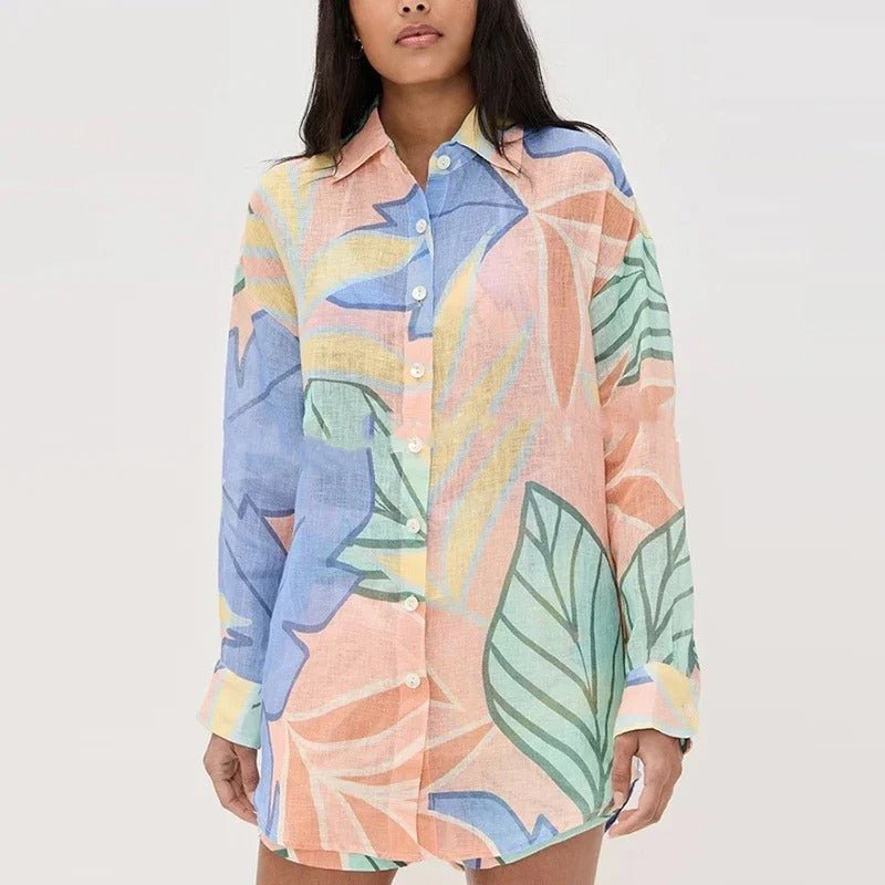 Damen Leinenmischung Bedruckte Bluse und Locker sitzende Shorts mit elastischem Bund Set - Livezo