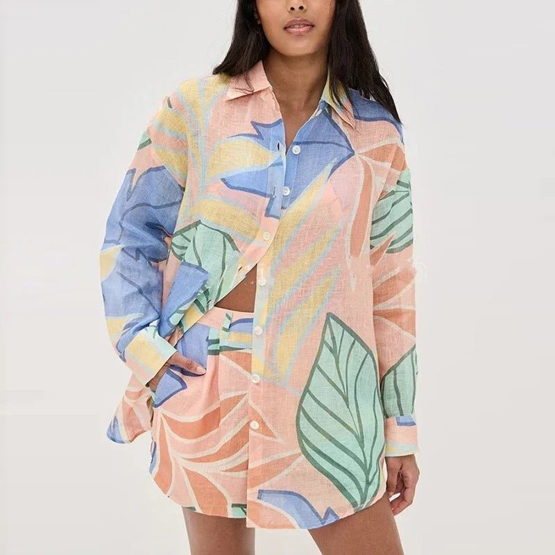 Damen Leinenmischung Bedruckte Bluse und Locker sitzende Shorts mit elastischem Bund Set - Livezo