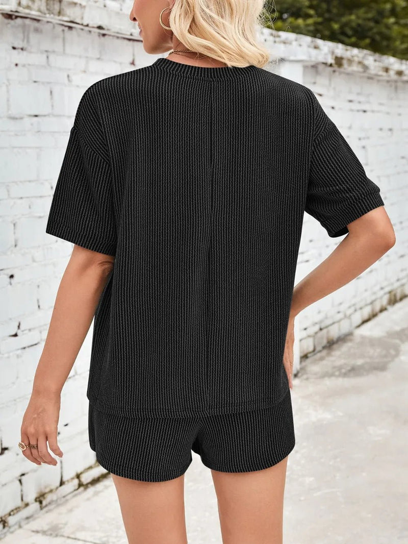 Damen Rundhalsausschnitt Halbarm Oberteil und Shorts mit Kordelzug Set - Livezo