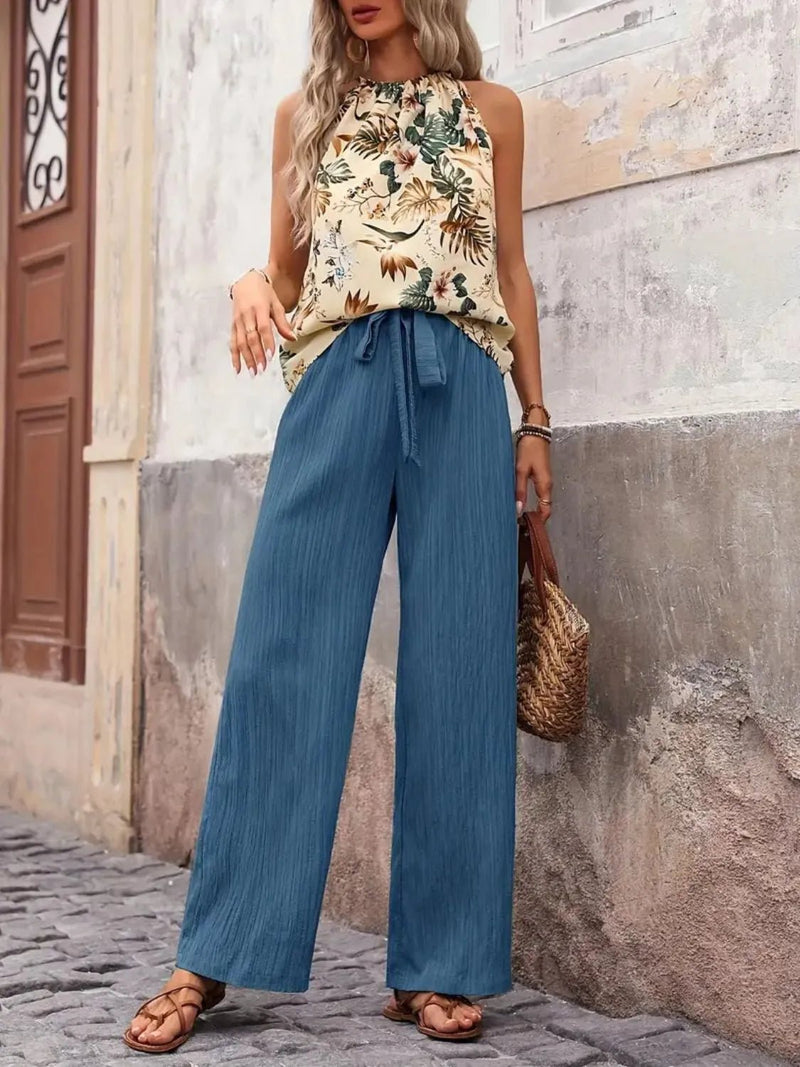 Damen Set mit bedrucktem Tanktop und weitem Hosenbein - Livezo