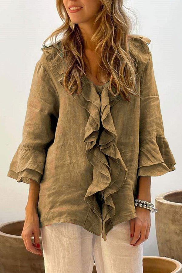 Damen V - Ausschnitt Locker geschnittene Bluse mit Rüschen - Livezo