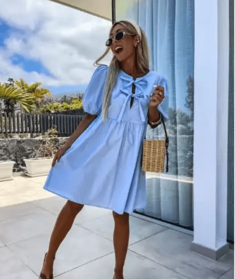 Damenkleid mit Puffärmeln und Schleifendetail - Livezo