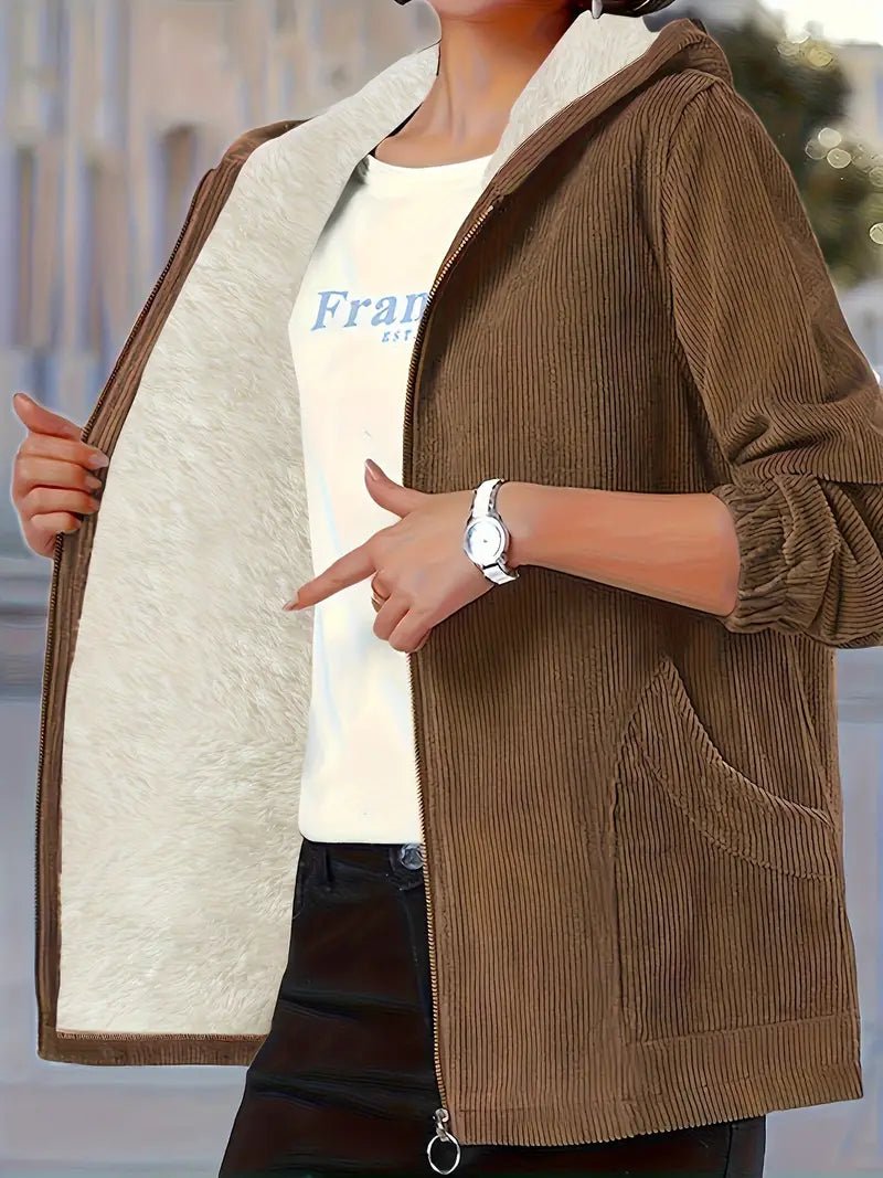 Dora - Solide Kapuzenjacke in Übergröße, lässige warme Zip Up Jacke - Livezo