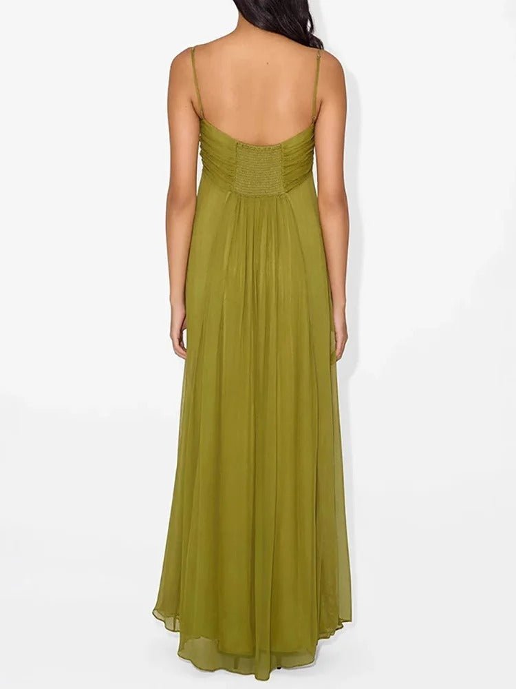 Elegantes Maxikleid aus Metall mit hohlem Rücken und gerafftem A - Linien - Schnitt - Livezo