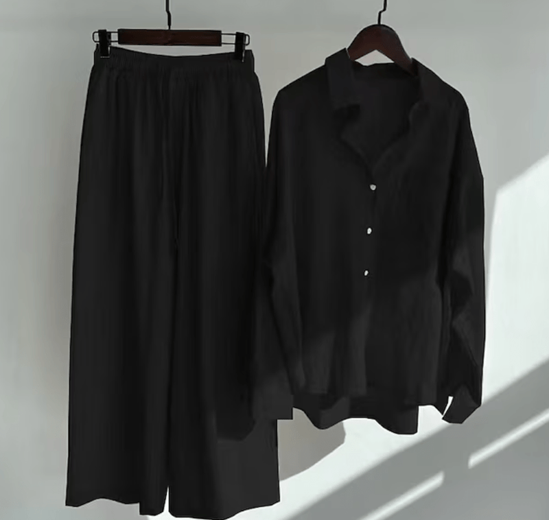 Entspanntes Leinenblusen - und Weitbein - Hosen - Set - Livezo