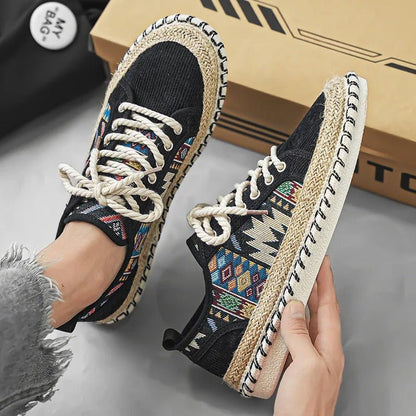 Ethnic Raffia Sole Sneakers with Patterned Design - Harren Cole