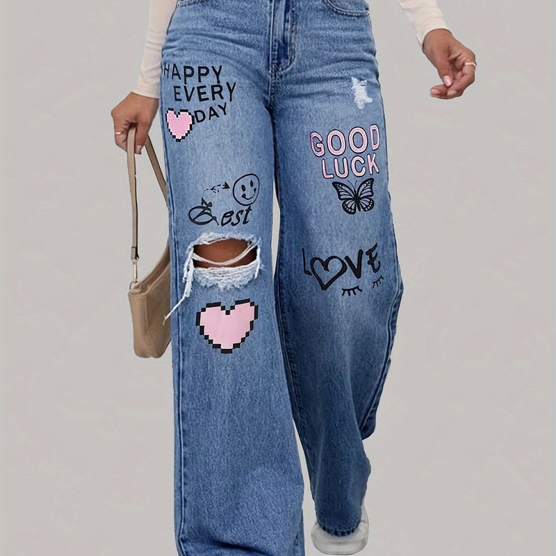 Fett bedruckte High - Waist Jeans mit weitem Bein - Livezo