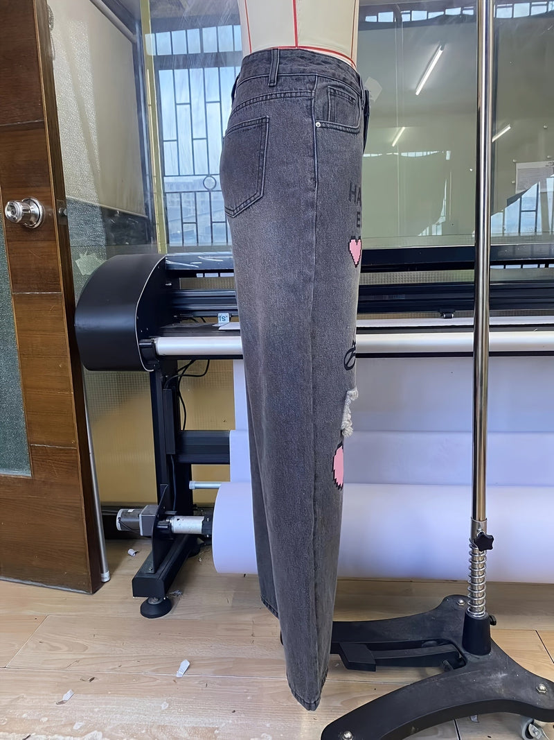 Fett bedruckte High - Waist Jeans mit weitem Bein - Livezo