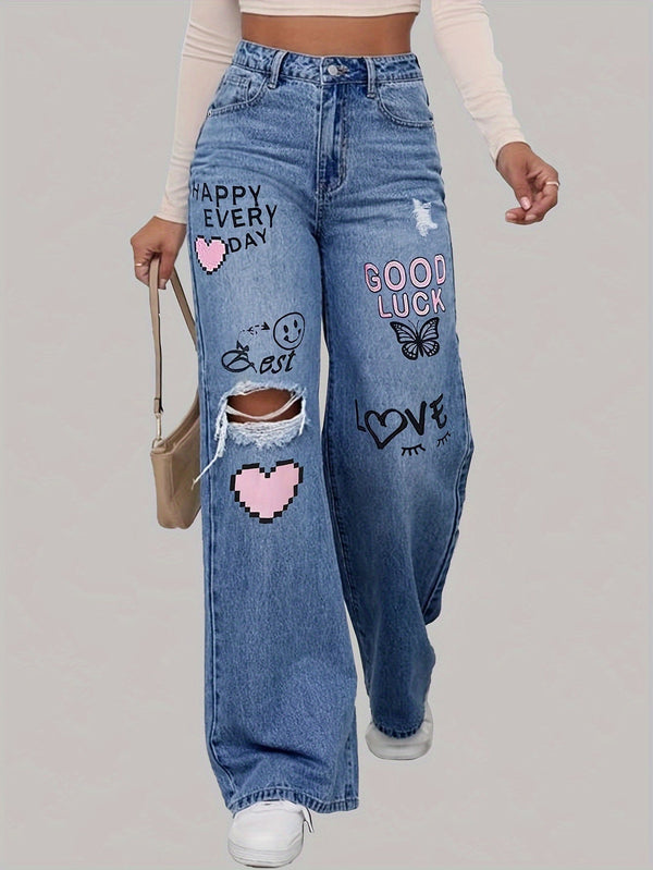 Fett bedruckte High - Waist Jeans mit weitem Bein - Livezo
