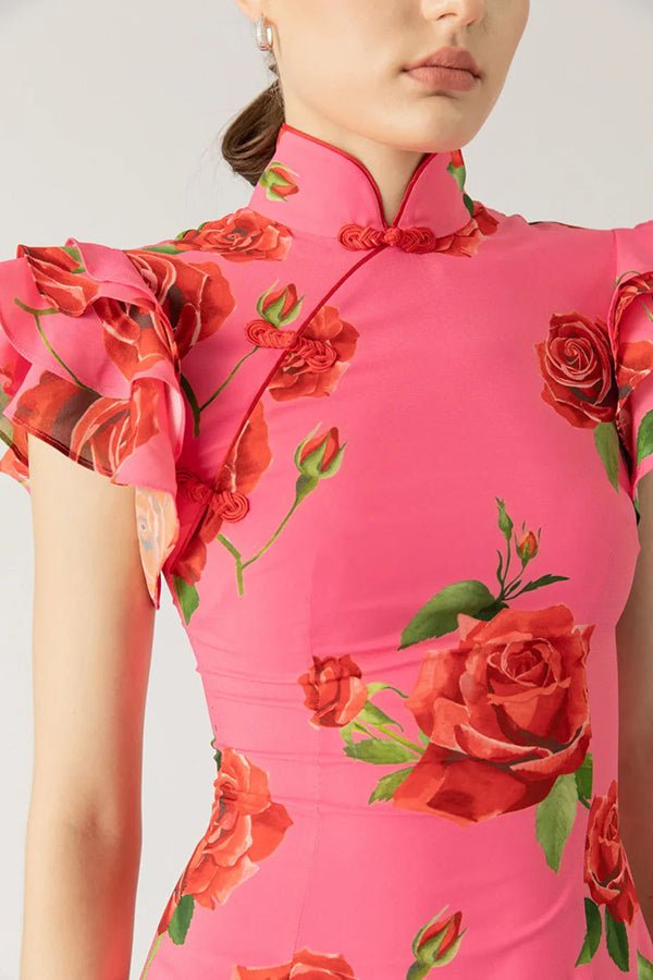 Florales Cheongsam - Maxikleid mit ausgestellten Ärmeln - Livezo