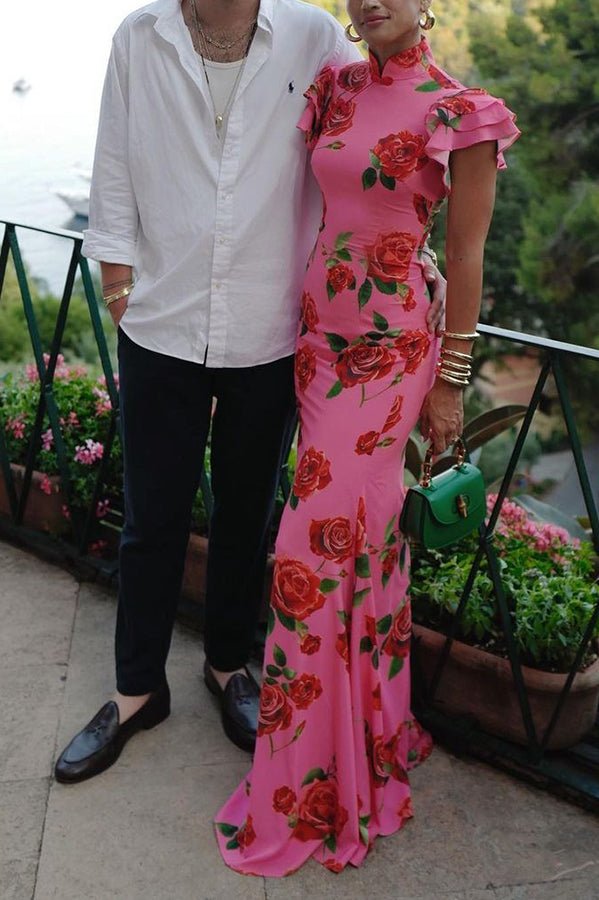 Florales Cheongsam - Maxikleid mit ausgestellten Ärmeln - Livezo