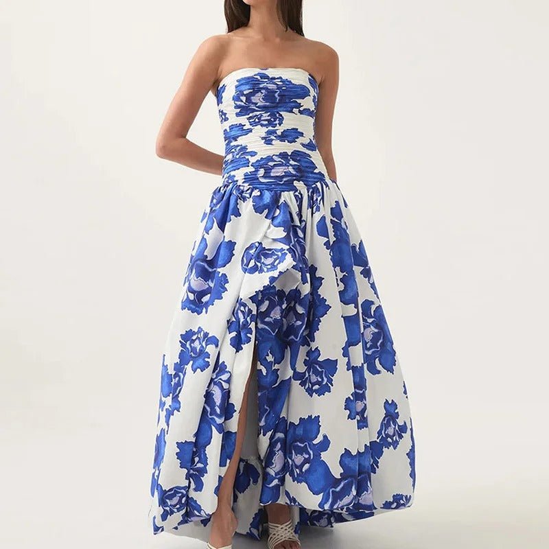 Florales Maxikleid mit Carmen - Ausschnitt, Raffungen und gerafftem Saum - Livezo