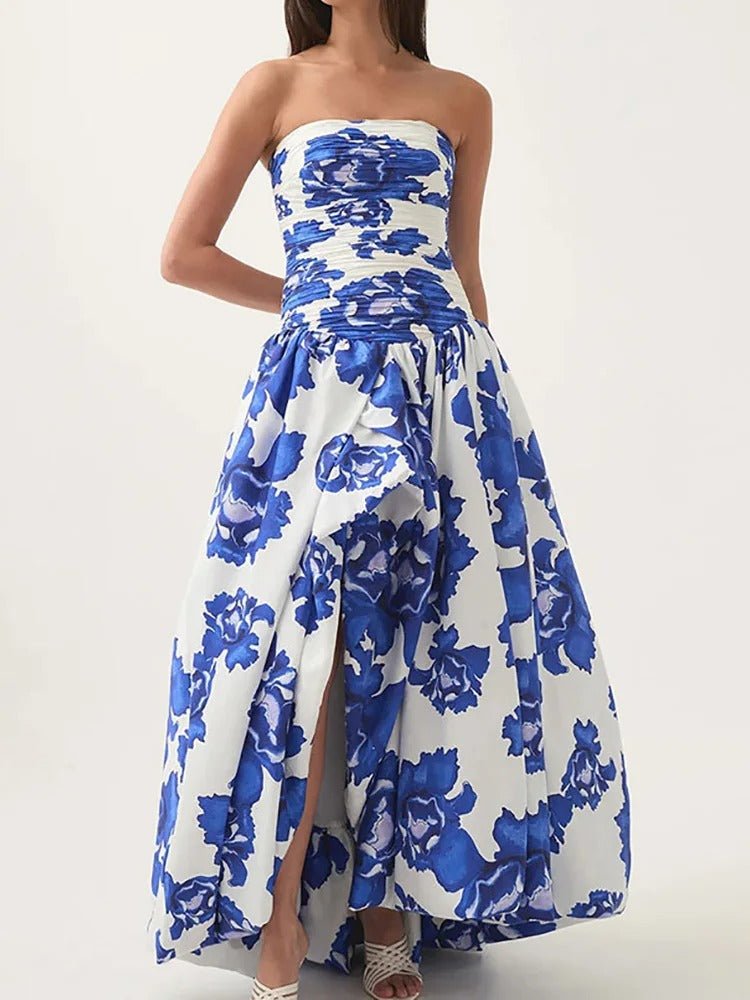 Florales Maxikleid mit Carmen - Ausschnitt, Raffungen und gerafftem Saum - Livezo