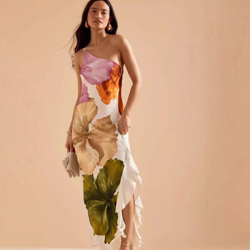 Florales Maxikleid mit einer Schulter, Rüschensaum und Spaghettiträgern - Livezo