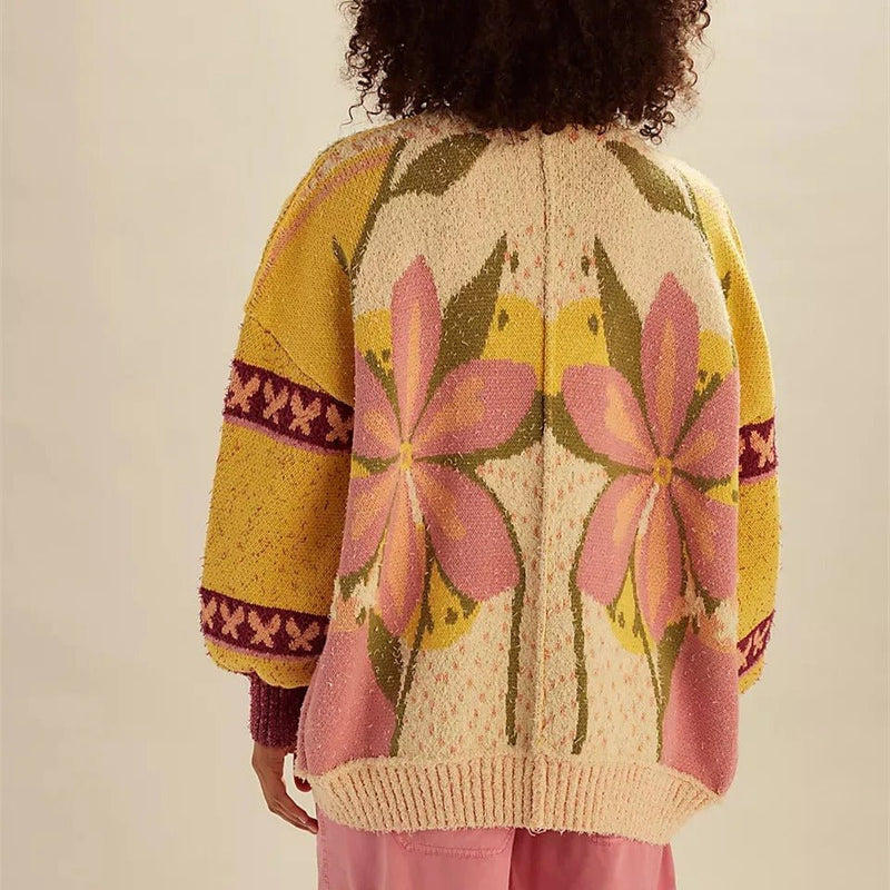 Gemütliche Strickjacke mit Blumenmuster, lockerem Schnitt und langen Ärmeln - Livezo