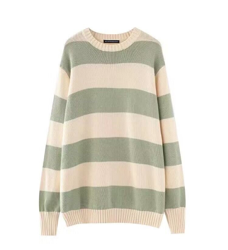 Gemütlicher gestreifter Rundhalsausschnitt Strickpullover - Livezo