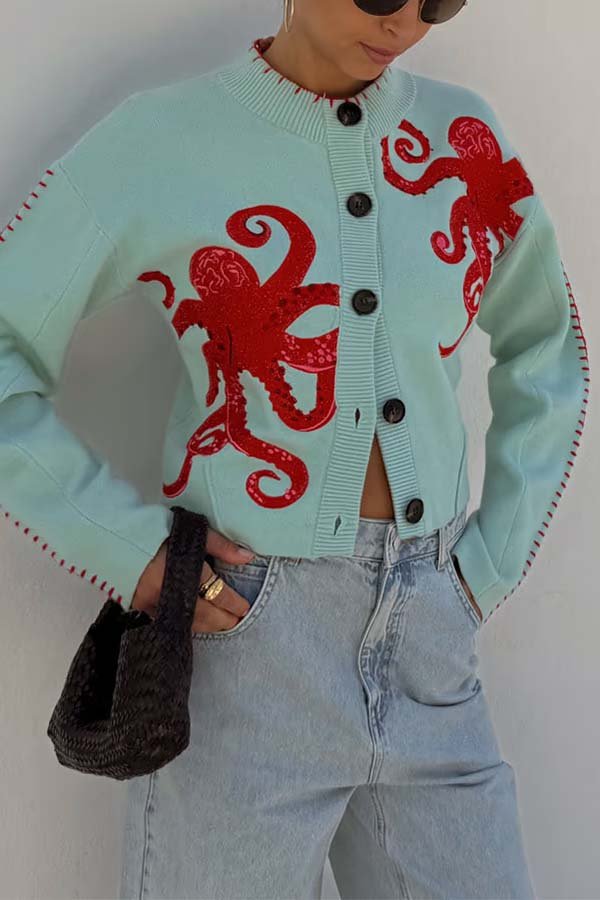 Gemütlicher Küsten - Strickcardigan mit nautischem Oktopus - Design - Livezo