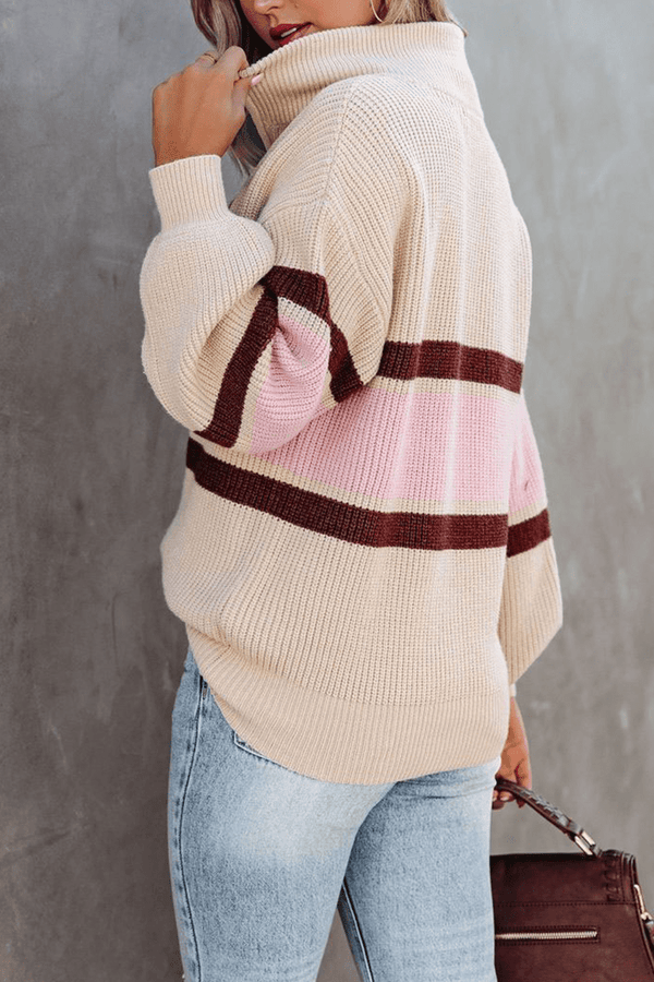 Gemütlicher lässiger Patchwork - Strickpullover mit Reißverschlusskragen - Livezo