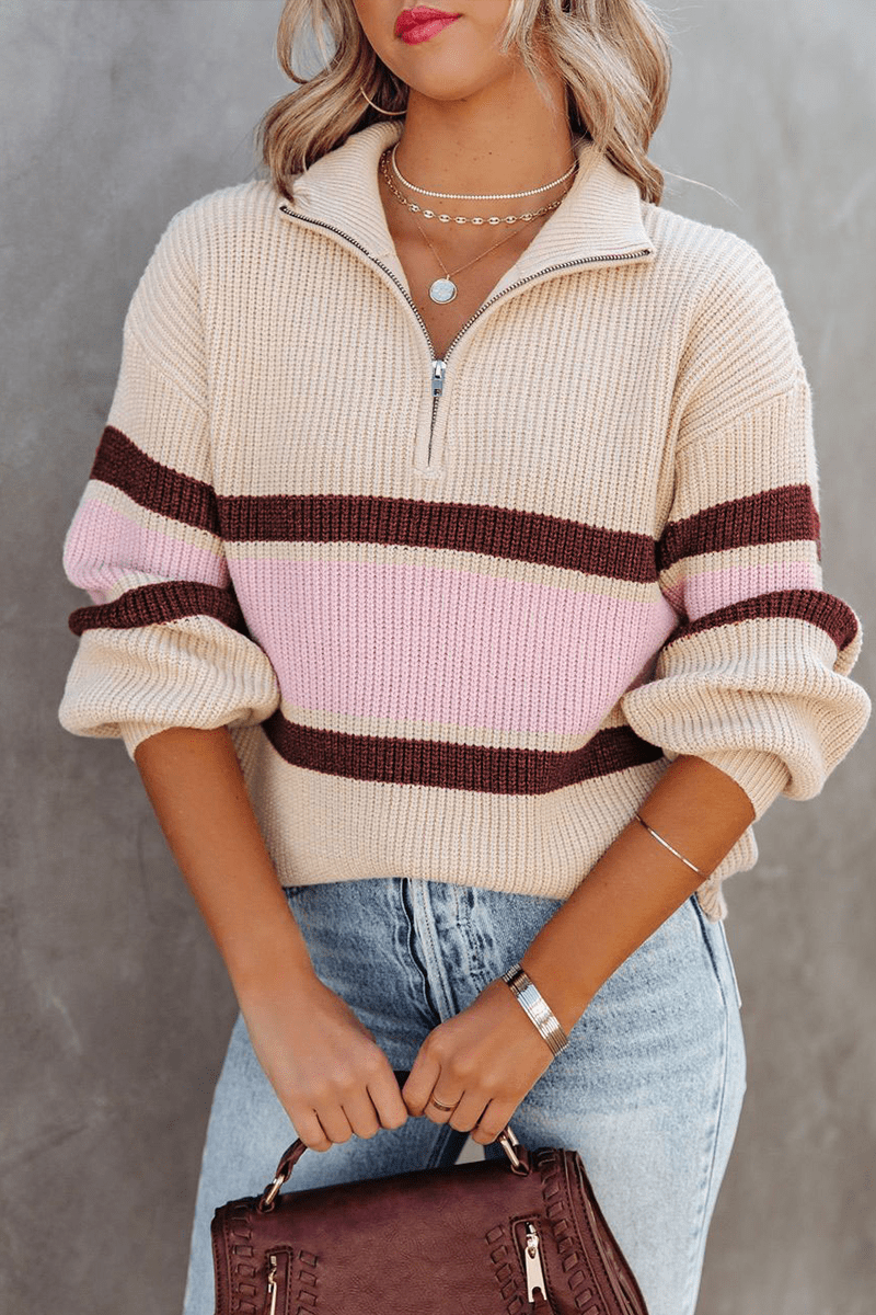 Gemütlicher lässiger Patchwork - Strickpullover mit Reißverschlusskragen - Livezo