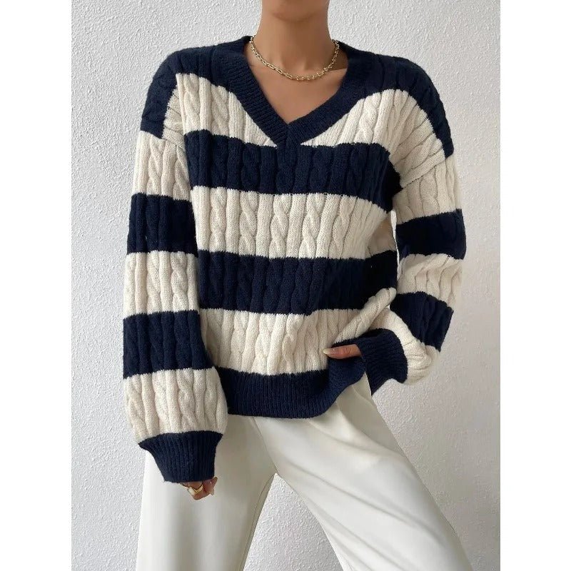 Gemütlicher lockerer Strickpullover mit V - Ausschnitt im Vintage - Stil - Livezo