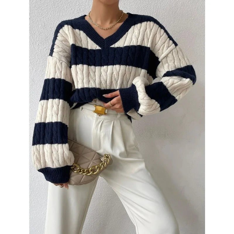 Gemütlicher lockerer Strickpullover mit V - Ausschnitt im Vintage - Stil - Livezo