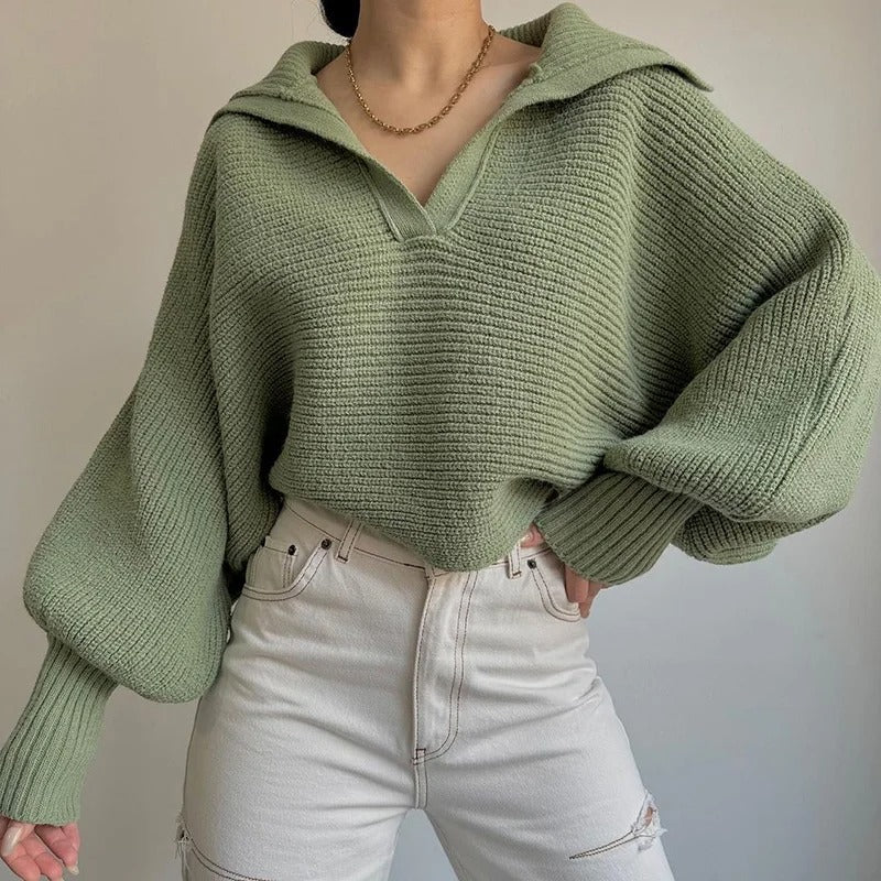 Gemütlicher Strickpullover mit Laternenärmeln und offenem Kragen - Livezo