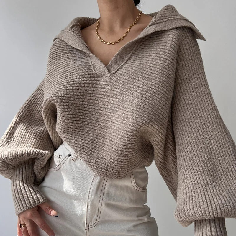 Gemütlicher Strickpullover mit Laternenärmeln und offenem Kragen - Livezo