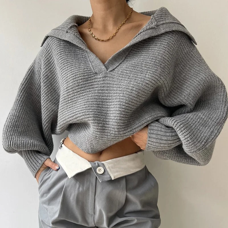 Gemütlicher Strickpullover mit Laternenärmeln und offenem Kragen - Livezo