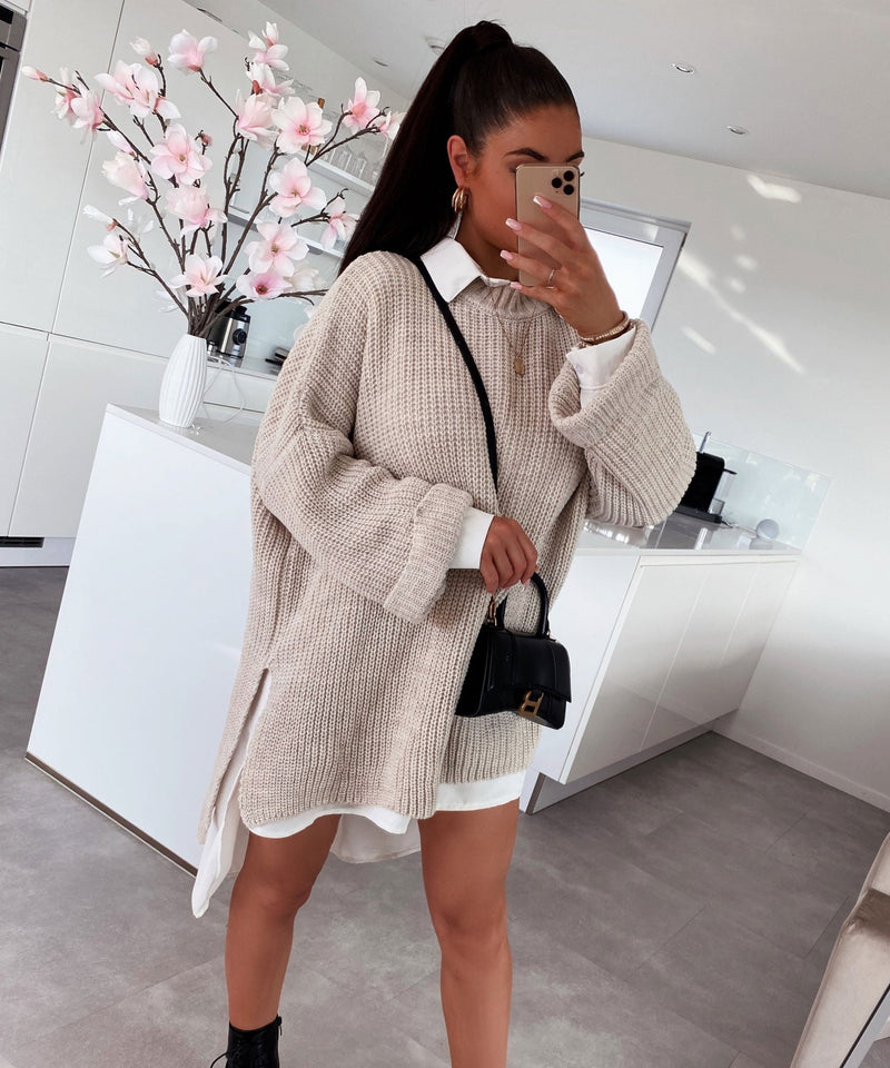 Gemütlicher übergroßer Strickpullover in sanftem Beige - Livezo