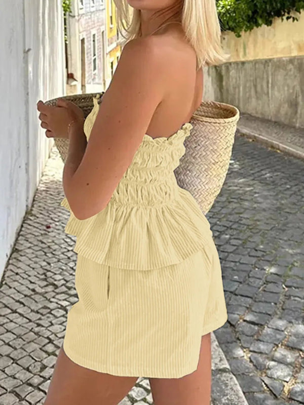 Gerafftes Bandeau - Crop - Top und hoch tailliertes Shorts - Set - Livezo